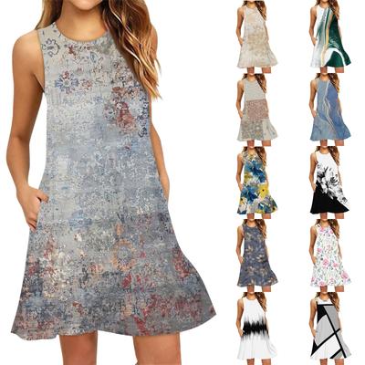 Damenmode Strandkleid Ärmellos Rundhals Texturprint Kleid