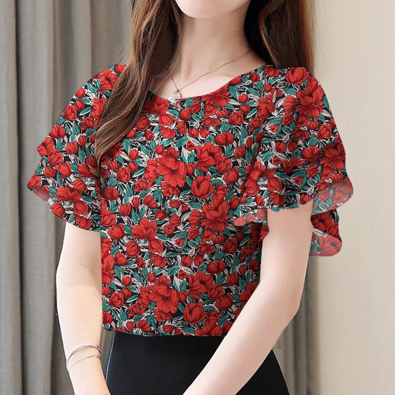 ZANZEA Women Casual O-neck Ruffles Short Sleeve Floral Print Blouse