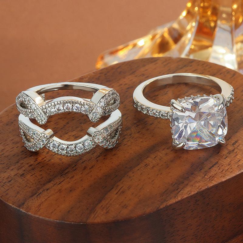 Copper Set Ring Four-prong Full Of Diamonds White Zircon Jewelry For Ladies' Party Birthday Wedding Bride Jewelry Gift