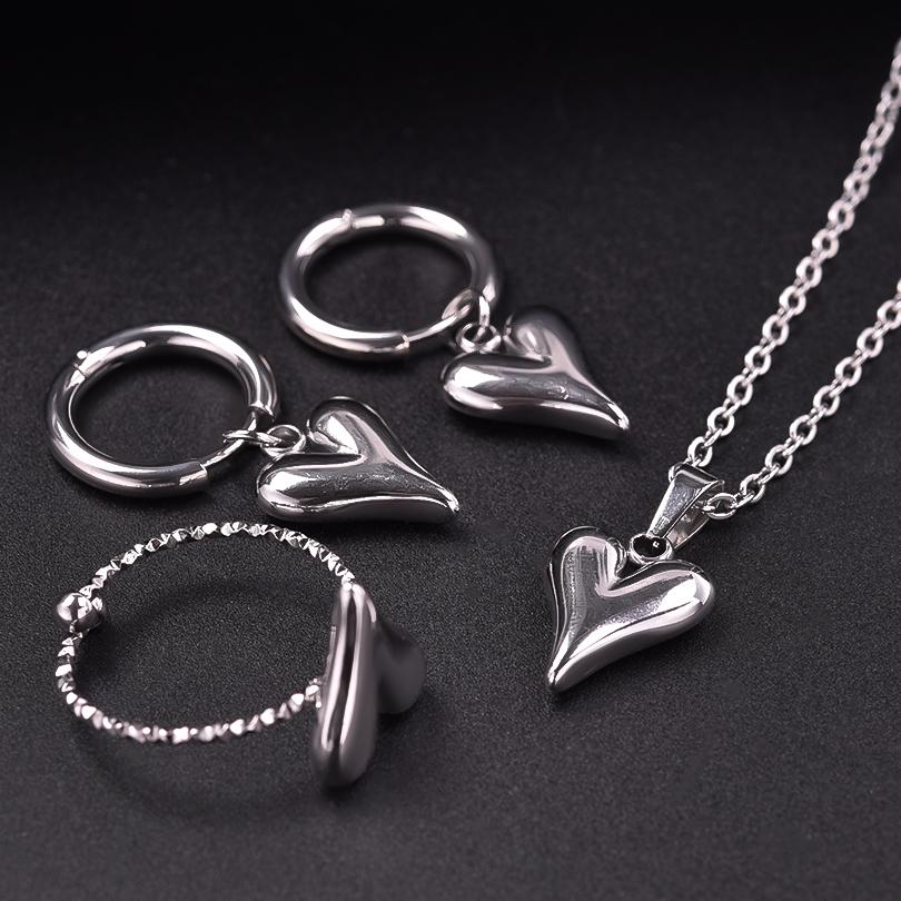 100% Stainless Steel Heart Jewelry Set For Women Accessories Cute Girl Supplies Love Earrings/Rings/Necklace Fashion Party Gift