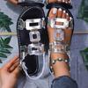 Fashion Women Sandals Comfortable with Metal Decoration Shoes for Women Flat Casual Beach Shoes New Round Headed Leather Ladies Sandals