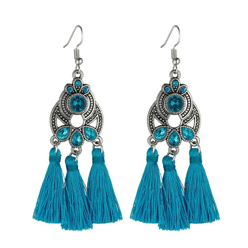 Fashion Bohemian Crystal Tassel Earrings Black White Blue Red Pink Silk Fabric Long Drop Tassel Earrings For Women Jewelry Gift