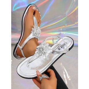 Flat Heel Sandals Women's Summer New European and American Foreign Trade One Line Buckle with Flip Toe Herringbone Beach Large Size Sandals