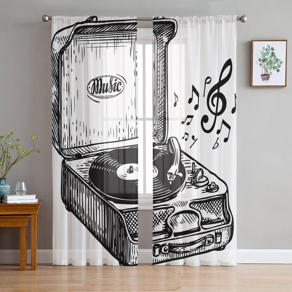 Retro Music Poster With Vinyl Gramophone Chiffon Sheer Curtains for Living Room Bedroom Window Curtain Voiles Tulle Cortinas