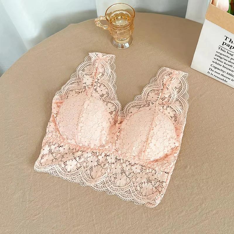 

Lace Bras Top Women Deep V Neck Sexy Lingerie Wire Free Bra Tank Tops Female Underwear V Back Bralette Padded Camisole One Size бежевий