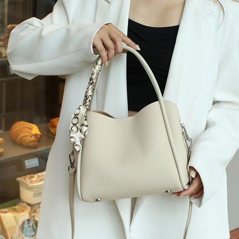 

Female genuine cow leather bag for women bag blue Handbag New Crossbody Bucket Bag luxury Shoulder bag tote bag medium 24x13x21cm білий