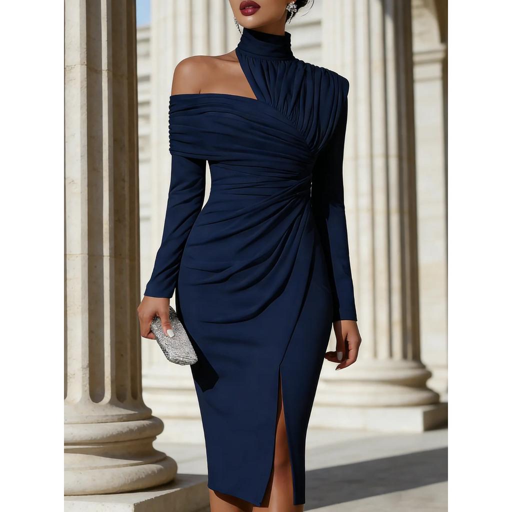 Women's new autumn elegant casual off-the-shoulder slit long-sleeved dress