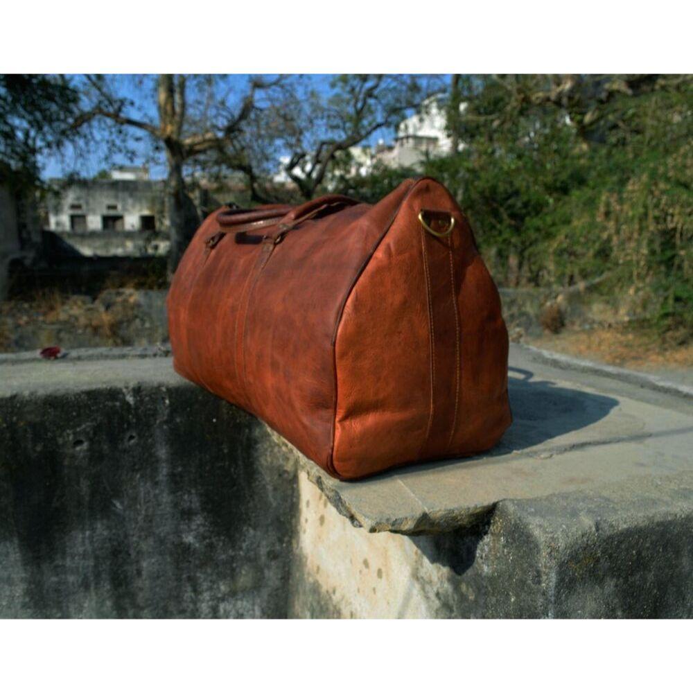 Men's Leather Goat Luggage Travel Gym Genuine Brown Overnight Bag Duffle