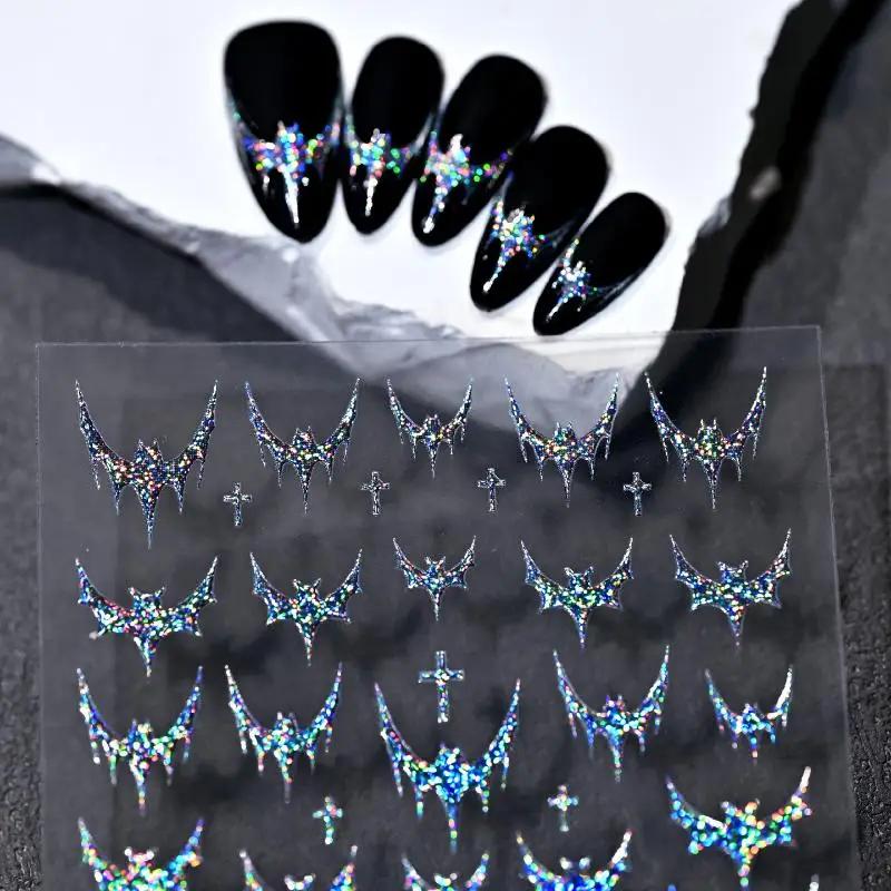 1sheet Halloween Dazzling Laser Gothic Dark Bat Cross Adhesive Nail Art Stickers Decals Manicure Shiny Red Silver Black Charms