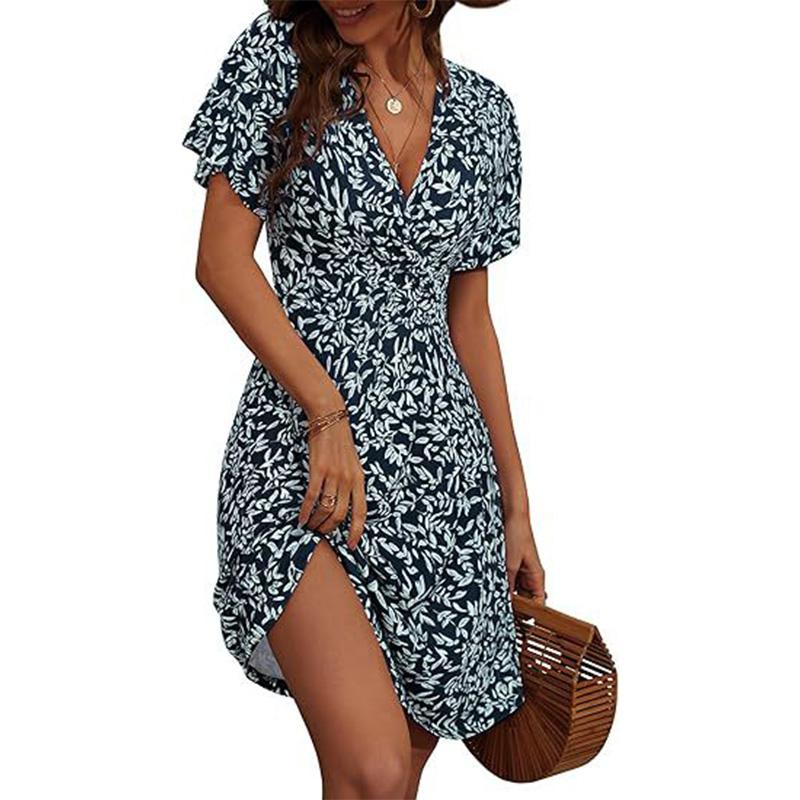 Womens Sundress Summer Floral Short Sleeve Wrap V Neck A-Line Midi Dress
