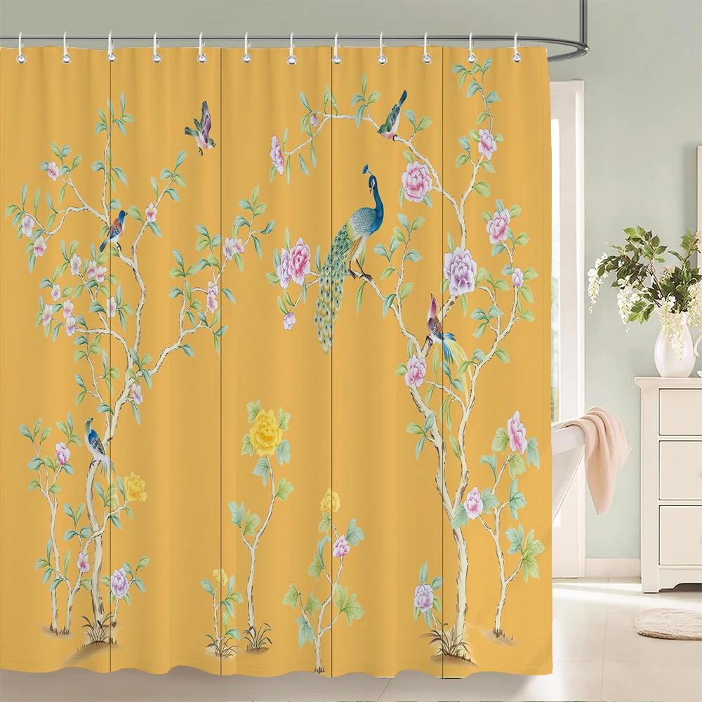 landscape Fabric Shower Curtain Bathroom Curtains Chinese style Ink Scenery Flowers Birds Waterproof Decor Bath Screen with Hook