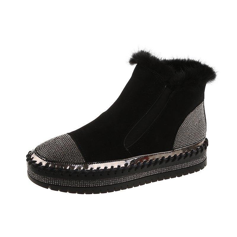 Luxus Fell Plateau Damen Knöchelhohe Stiefel Mode Strass Runde Zehen Design Dicke Sohle Damen Schneestiefel Winter Botas Große Größen