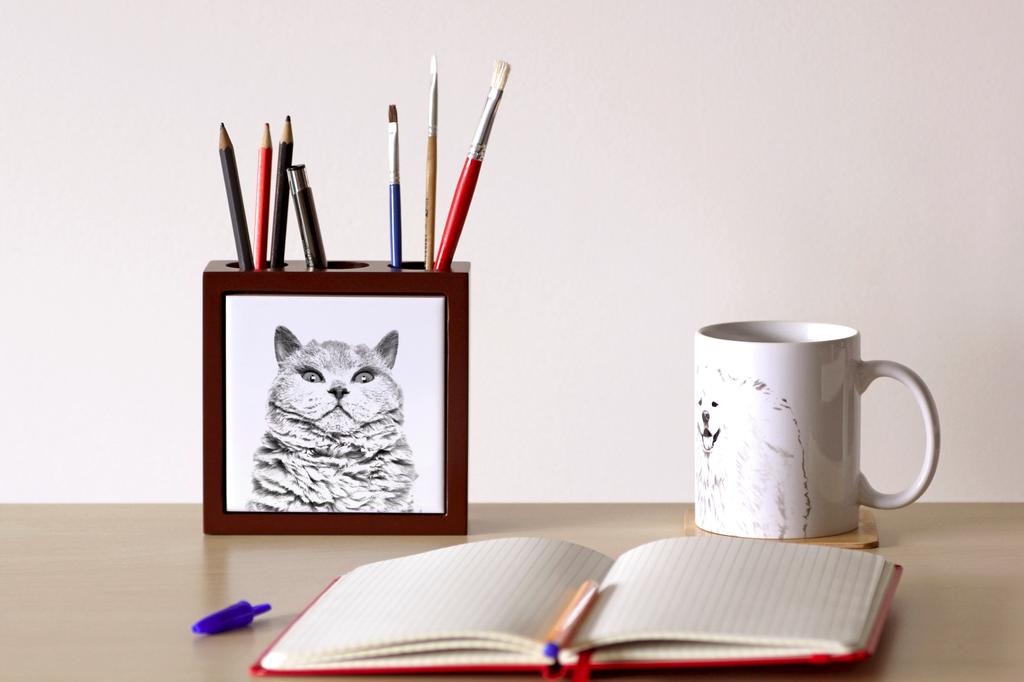 Selkirk Rex Shorthaired – Pen holder with a cat, desk organizer with a print | Art-Dog