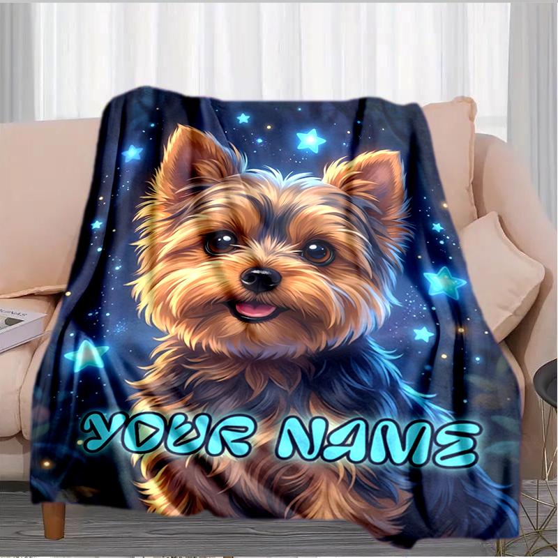 1PC Custom Name "Starry Night Yorkie Portrait" flannel blanket versatile,all-season throw suitable for the living room,bedroom,camping,travel,and gift