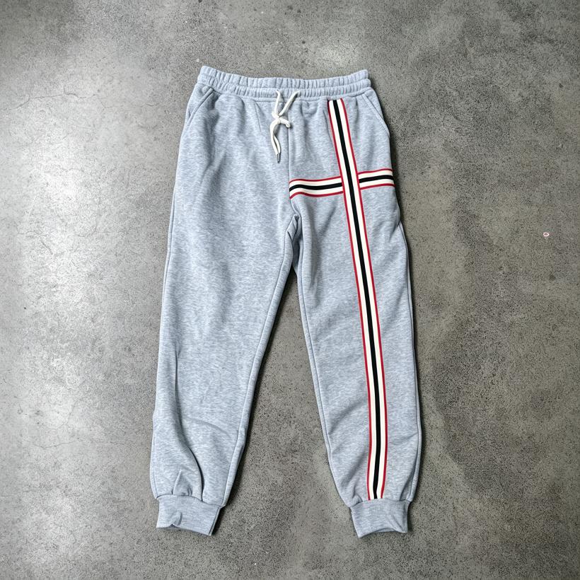 Men Stripe Jogger Sweatpants, Elastic Drawstring Waist Stripe Thigh Panel Side Hand Pockets Ribbed Ankle Cuffs Soft Fleece‑Lined Casual Trousers