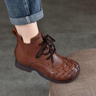 Stivali da donna in vera pelle intrecciata a mano retrò Stivali corti in vera pelle con lacci e punta tonda