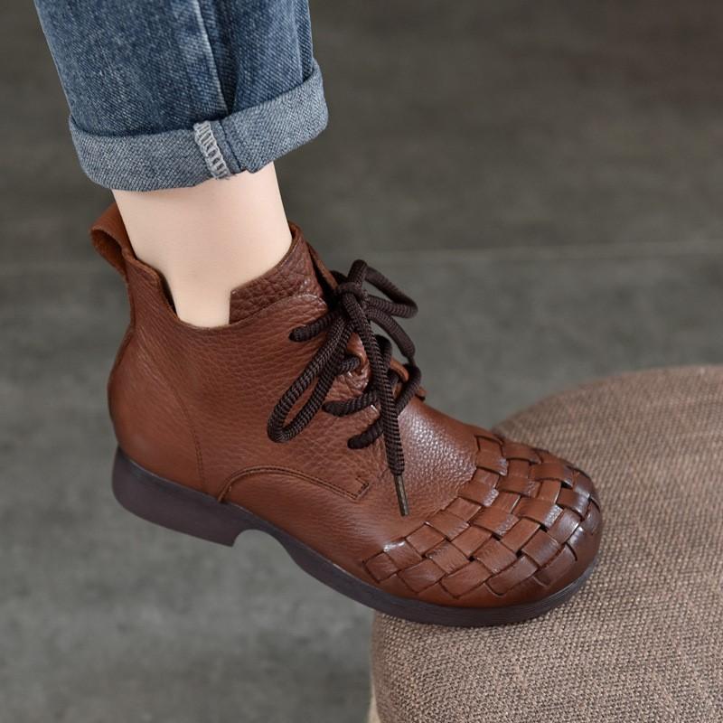 Johnature Stivali da donna in vera pelle intrecciata a mano retrò Stivali corti in vera pelle con lacci e punta tonda