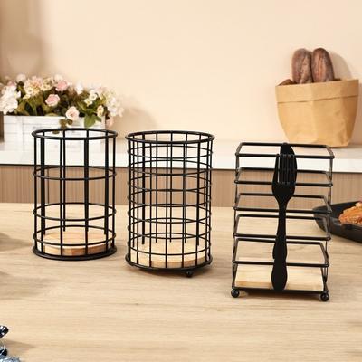 Sturdy Chopsticks Storage Rack Hollow Out Durable Iron Utensil Wooden Base Versatile Cooking Utensil Organizer Kitchen Counter