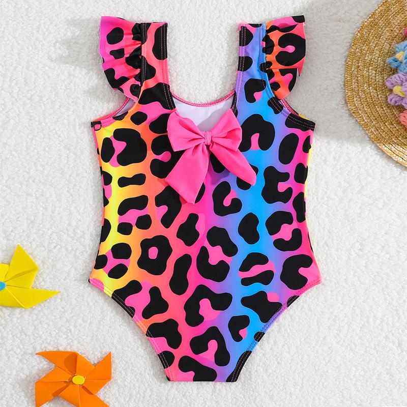Fashion Kids Girls' Gradient Leopard Print One-Piece Swimsuit Ruffle Sleeve Bathing Suit