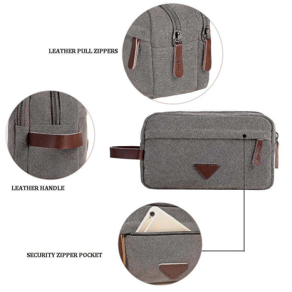 Mens Travel Toiletry Bag With Double Compartments Canvas Leather Cosmetic Makeup Organizer Shaving Dopp Kits - Gray