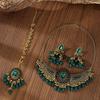 Indian Bride Vintage Diamond-encrusted Tassel Head Chain Metal Wings Tassel Necklace Earrings Headgear Three-piece Set