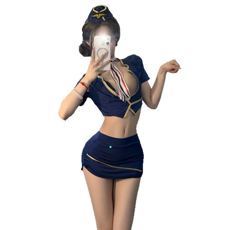 Sex underwear Stewardess miniskirt Uniform Breast Temptation Passion Suit Night club hip skirt qqny women