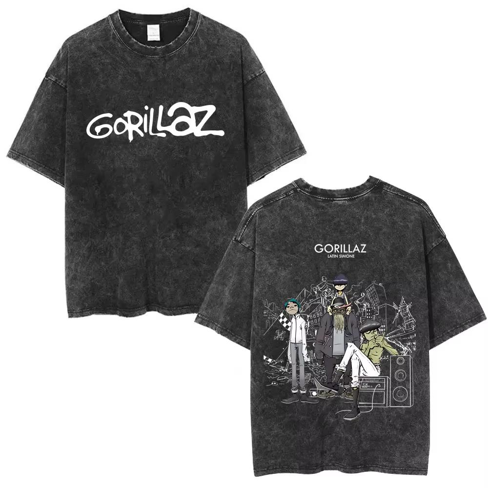 Vintage Washed Gorillaz The Now Now Album Graphic T-shirt Unisex Punk Hip Hop Oversized Streetwear Short Sleeve Soft Cotton Tee Tops