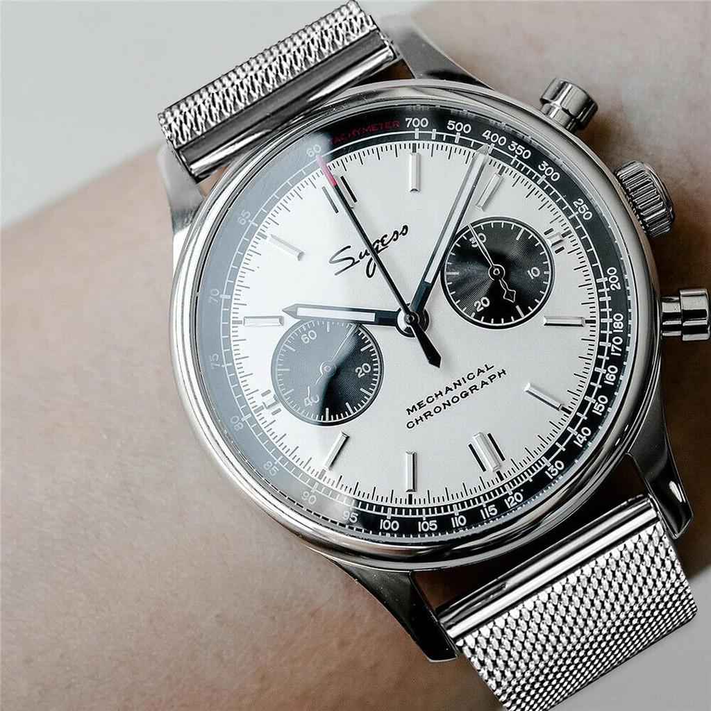 Sugess 40mm Gold SWAN Neck Milano Mesh White Panda Mechanical Chrono Chronograph Men's Watch Seagull 1963 SUPANK031SN, Silver, 40mm, Bracelet