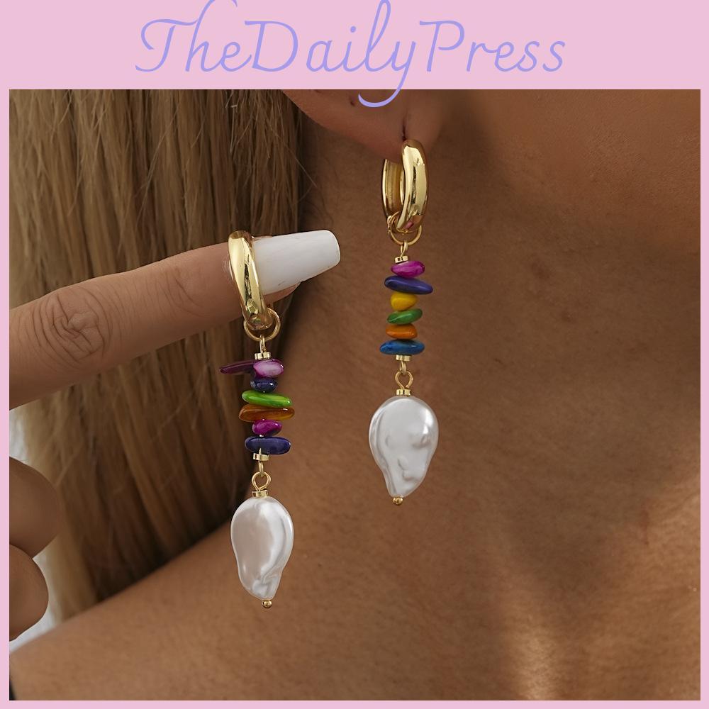 Irregular Fashionable Shape Earrings With Colorful Natural Stones Pearls And