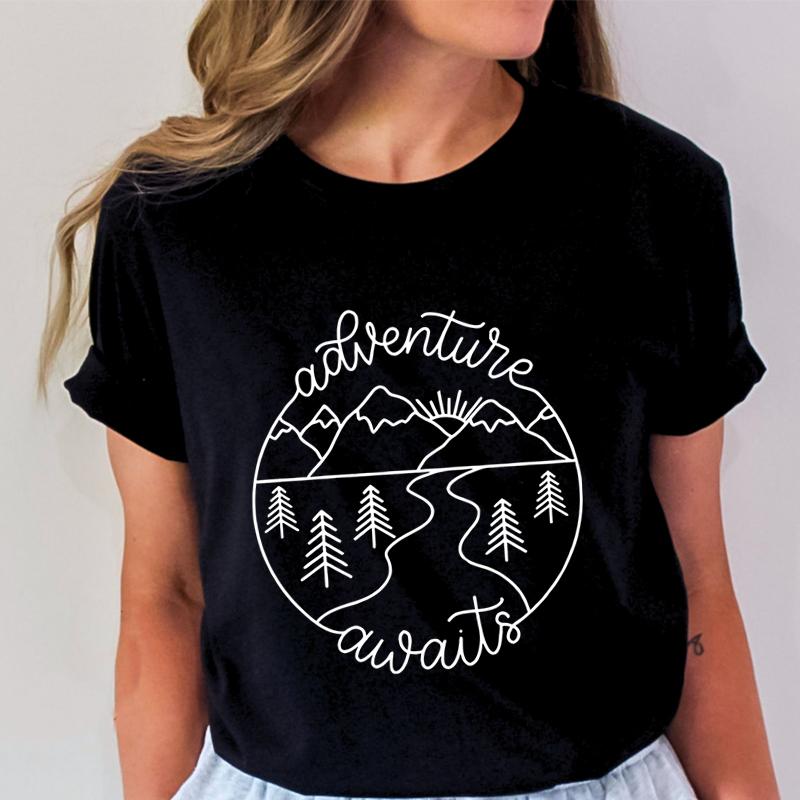 Adventure Awaits Outdoor Graphic T Shirts Women Mountain Nature Lover Gift Crew Neck Short Sleeve Tshirt Adventure Classic Tops