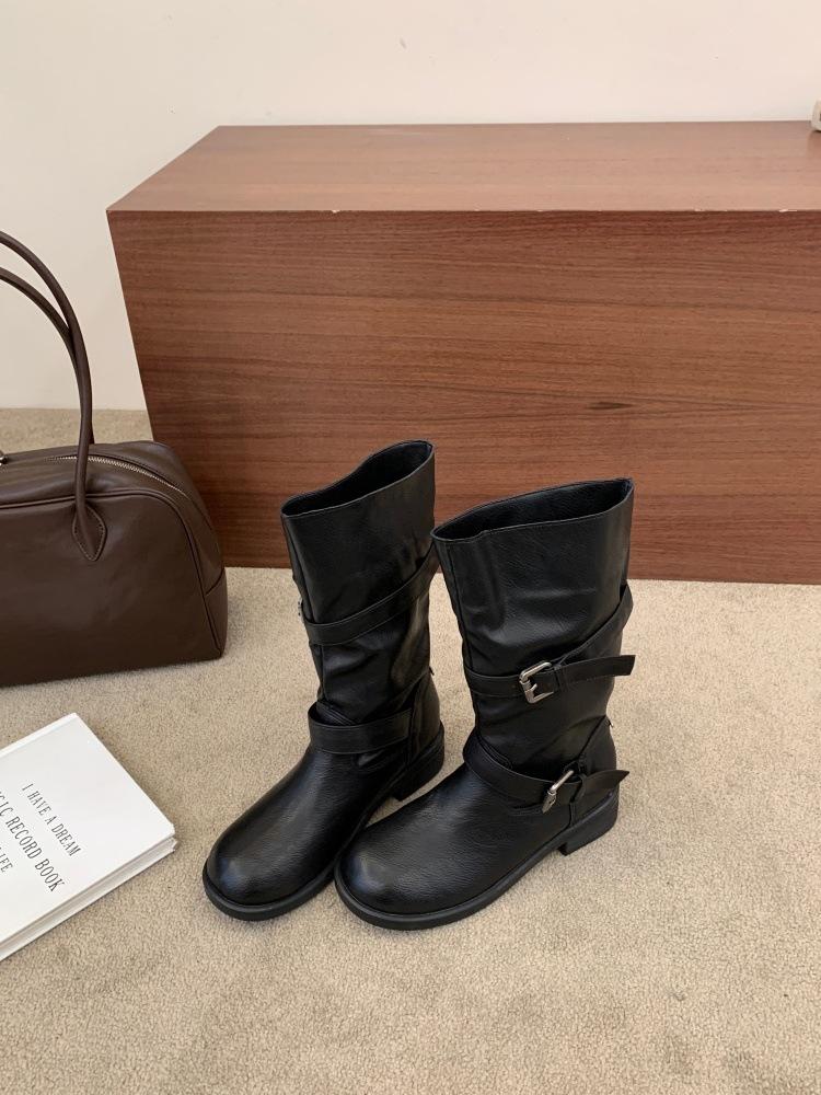 Retro belt buckle short knight boots women's autumn and winter old polished medium boots versatile locomotive boots