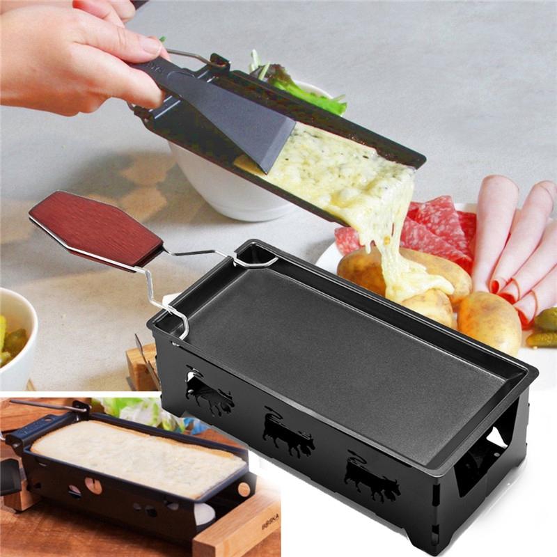 Kitchen Iron Metal Non-stick Cheese Raclette Grill Plate With Solid Wood Handle Rectangular Bakeware Appliance Black