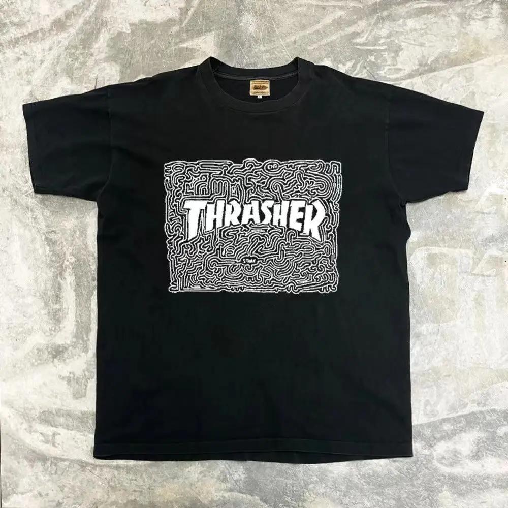 

2025 Летняя футболка Американский Ретро С круглым вырезом С короткими рукавами Из 100% Хлопка С принтом Скейтборд Лабиринт Для мужчин и женщин 3XL