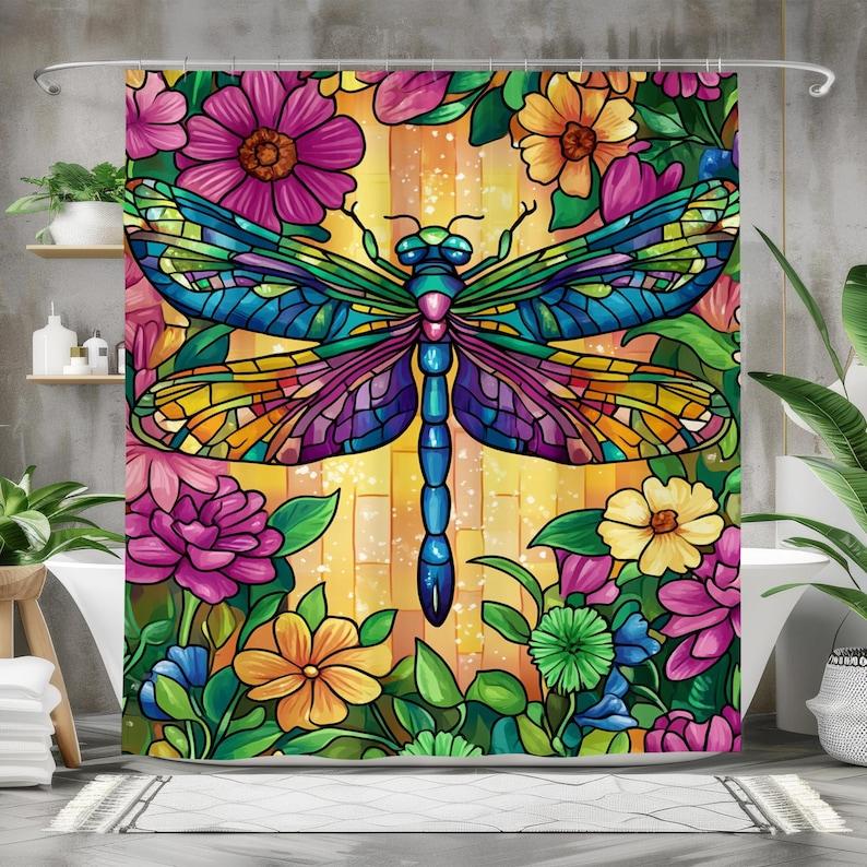 Dragonfly Shower Curtain, Stained Glass Design Bath Curtain, Waterproof Fabric Bathroom Decor, Colorful Floral Art