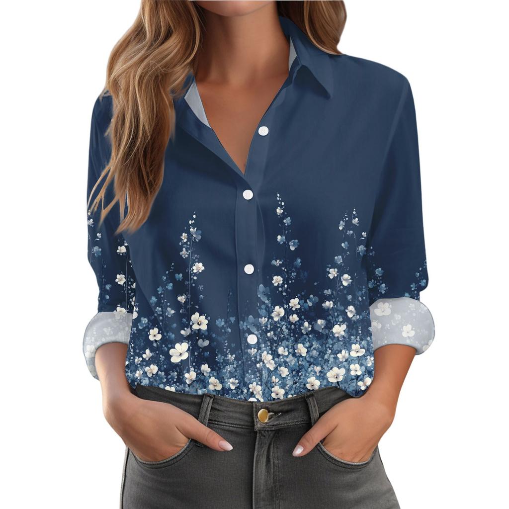 Women's Shirt With Floral Print Buttons, Long Sleeved Casual Regular Shirt Blouses Casual Plus Size Basic Tops