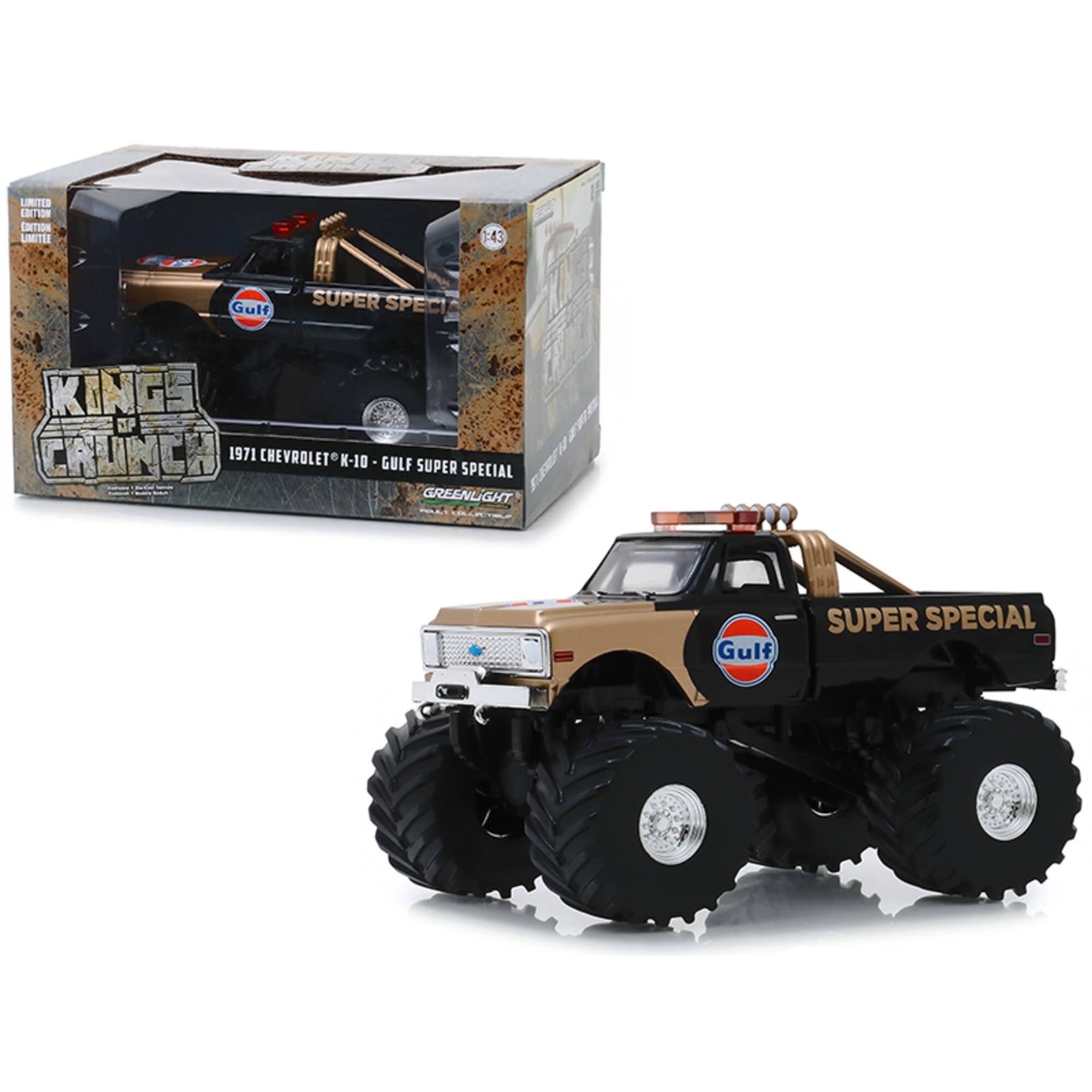 

Greenlight Kings of Crunch Gulf Oil Super Special 1971 Chevrolet Monster Truck 1/43 - - K-10 (с 66-дюймовыми шинами)