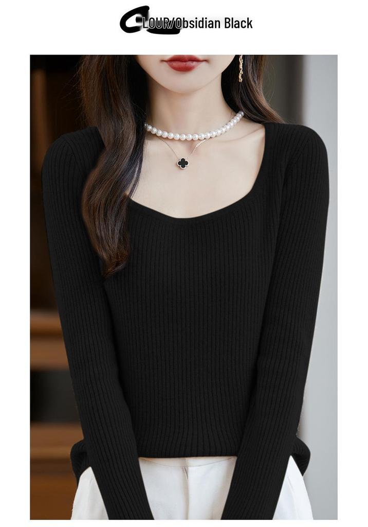 Women's 2025 Autumn/Winter U-Neck Pure Wool Slim-Fit Sweater