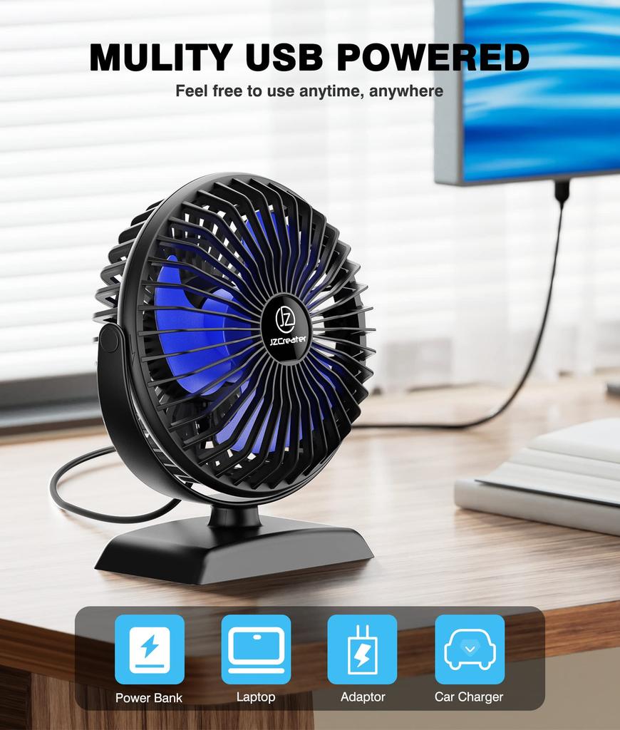 JZCreater Quiet USB Desk Fan with Angle 3 Speed USB Mini Heatstroke Suitable for and Car 360° Adjustment, Settings, Ultra-Low Noise, Powered,