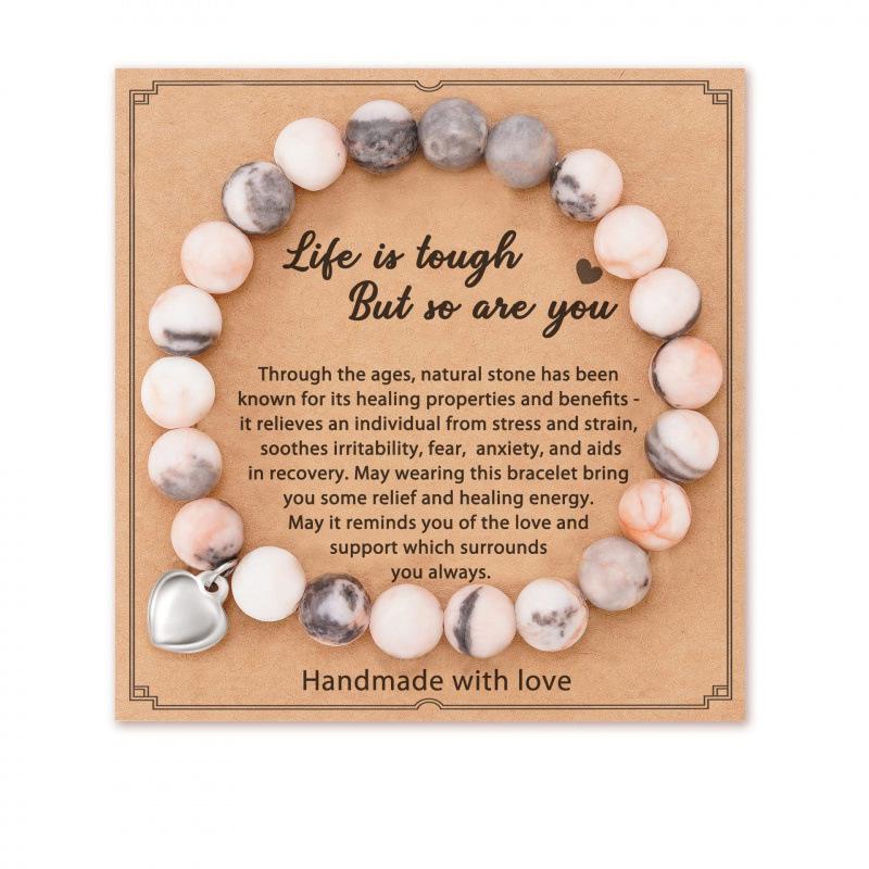 8mm Pink Zebra Stone Bead Bracelet with Gift Card: Perfect Holiday Friendship & Love Gift for Men & Women