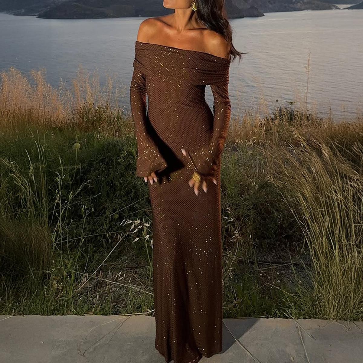 

Элегантное темпераментное однотонное платье с длинным рукавом и длинной юбкой для женщин, с вырезом лодочкой, сексуальное облегающее платье, подчеркивающее талию S коричневый