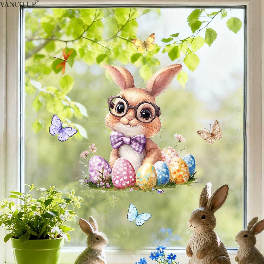 Easter Window Stickers, Creative Cute Floral Bunny Eggs Decor, Static Cling Glass Decals for Bedroom Living Room Holiday Decoration