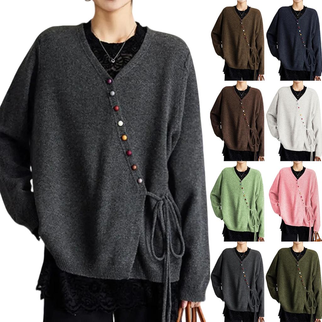 Women's Solid Color Long Sleeved Colorful Button V-neck Cardigan Top Jacket
