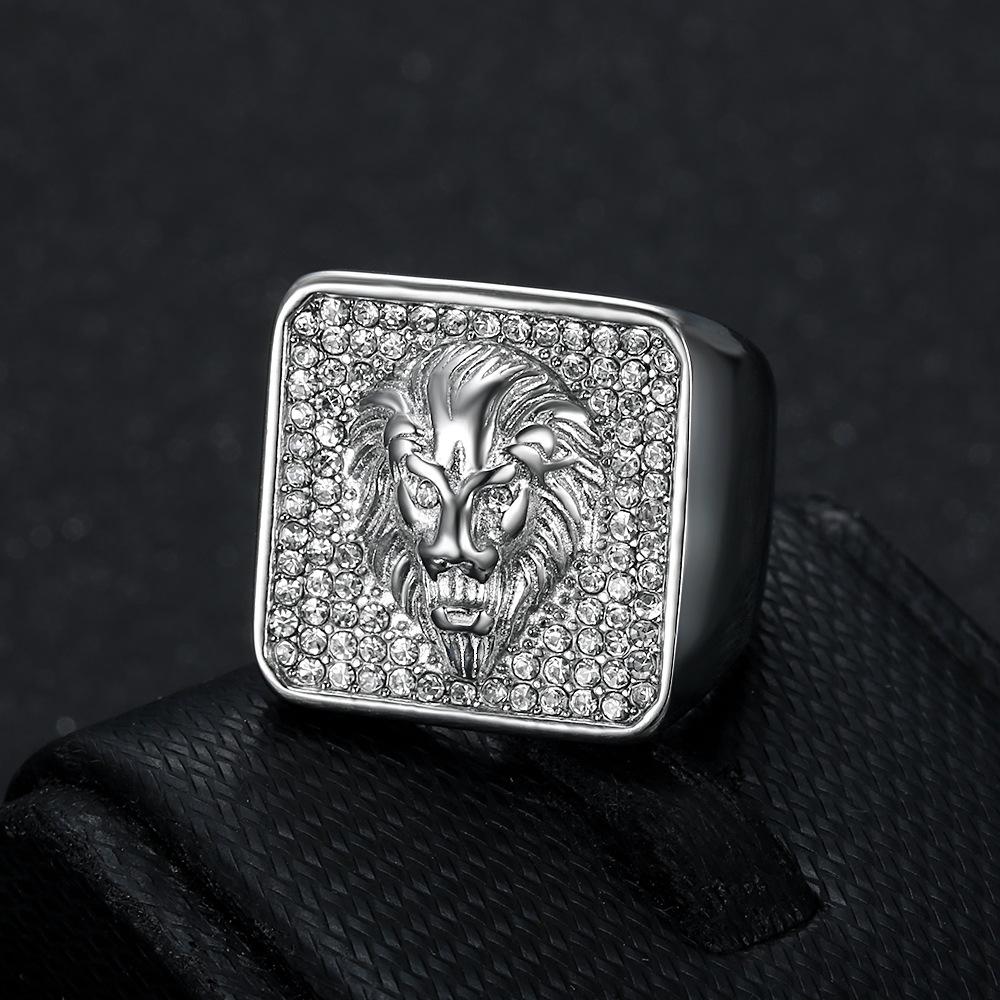 Ring new hip-hop jewelry gold-plated full diamond square domineering lion head men's ring
