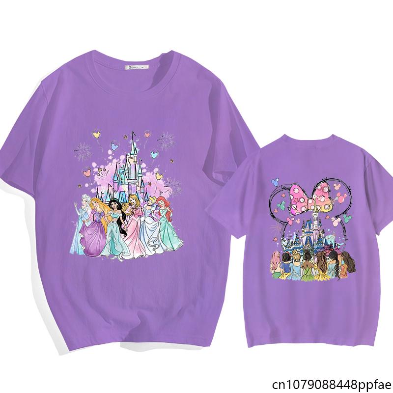 Women's Fashion New Cute Disney Princess Printed T-Shirt Disney Castle Shirt Cute Minnie Head Shirt
