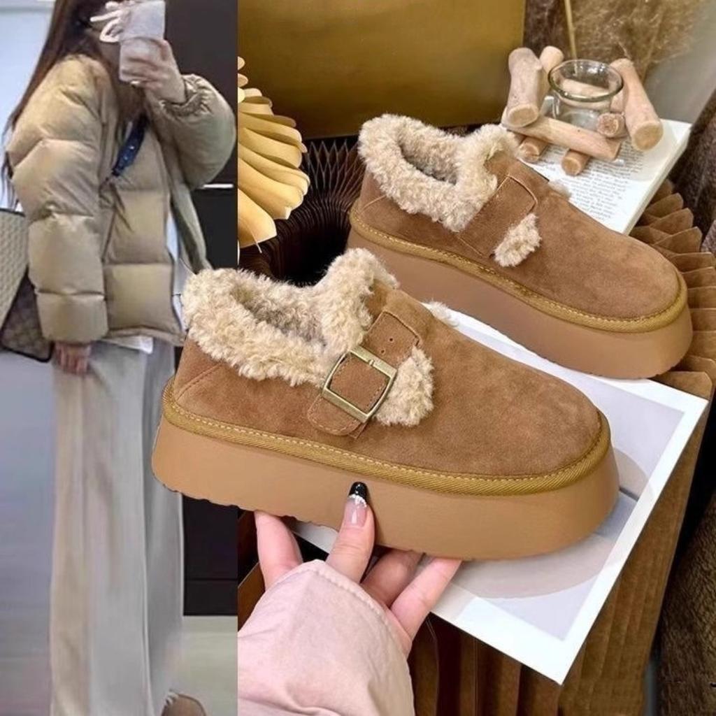 Thick Soled Snow Boots for Women, Winter with Added Velvet, Maillard Lefu Cotton Shoes, One Foot Retro Boken Shoes