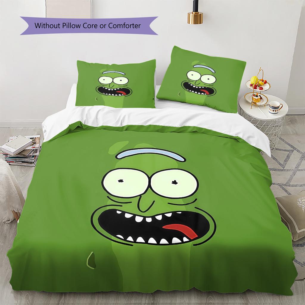 Pickle Rick Pattern Bedding Quilt Set  Home Decoration  Gift (1 * Duvet Cover + 2 * Pillowcase  Without Core)
