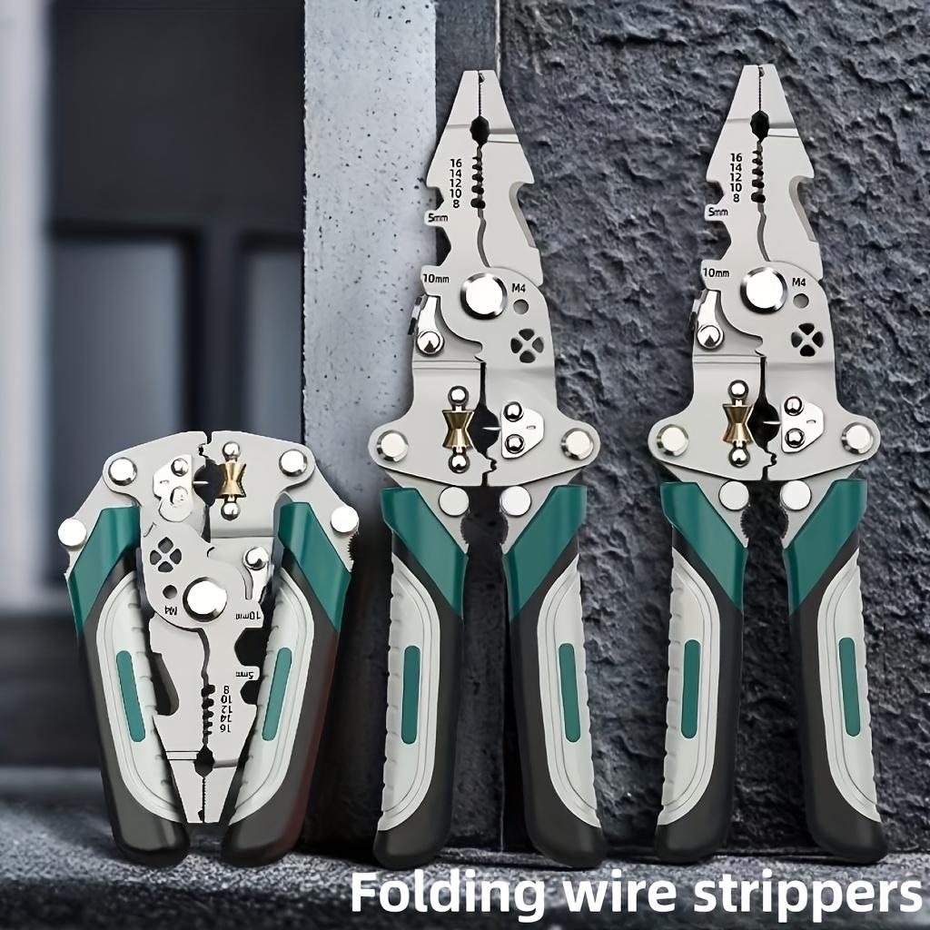 Heavy-duty multi-functional wire stripper, one-piece foldable crimping pliers with non-slip handle, made of metal.