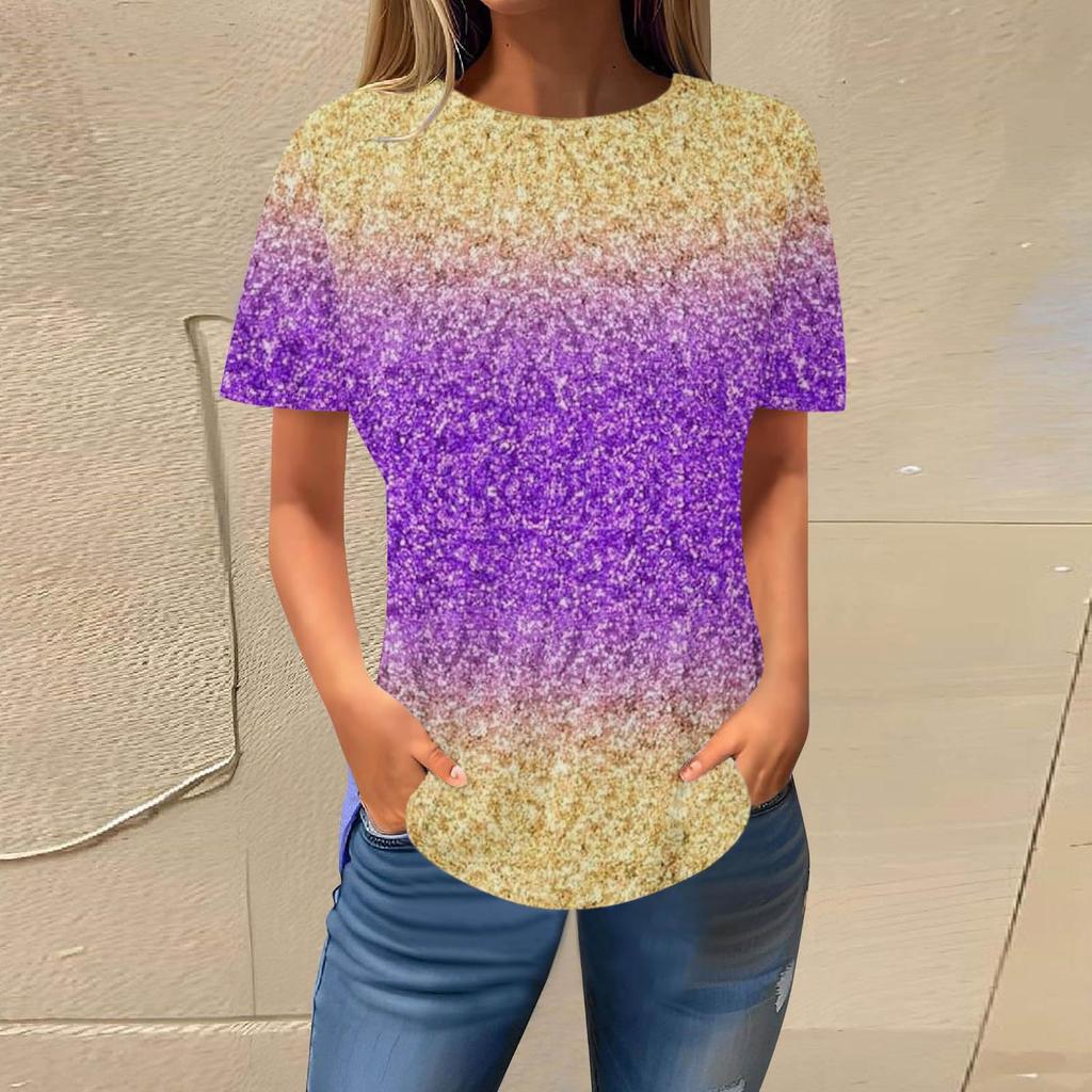 Summer Round Neck 3D Gradient Glitter Print Top Fashionable Casual Short Sleeved Women's T-shirts
