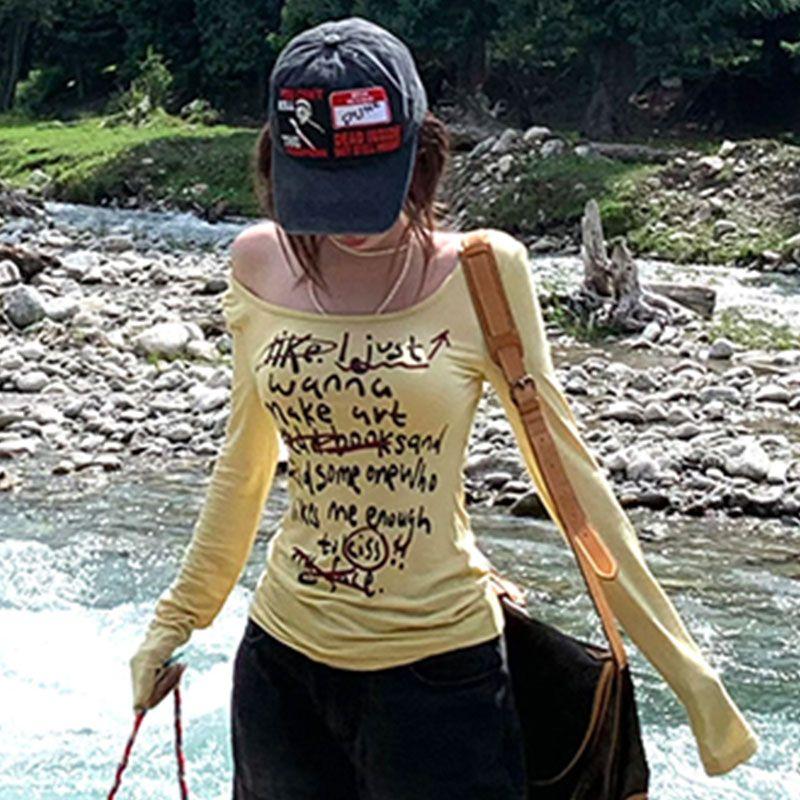 Autumn New Pure Desire Style Spicy Girl Short Style Pure Cotton Long Sleeved T-shirt for Women Slim Fit and Versatile Design Sense Top for Women