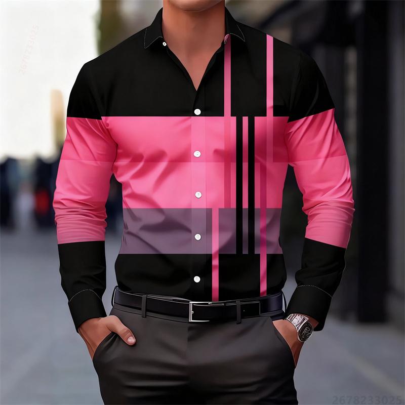 Men's Color-blocked Striped Patchwork Long-sleeved Shirt, Unique Geometric Pattern Slim Fit Shirt, Stylish Men's Top, S-6XL.